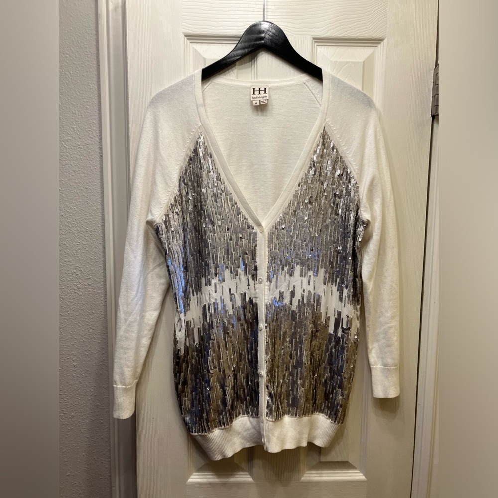 Haute Hippie Silver sequins beaded cardigan sweater like new